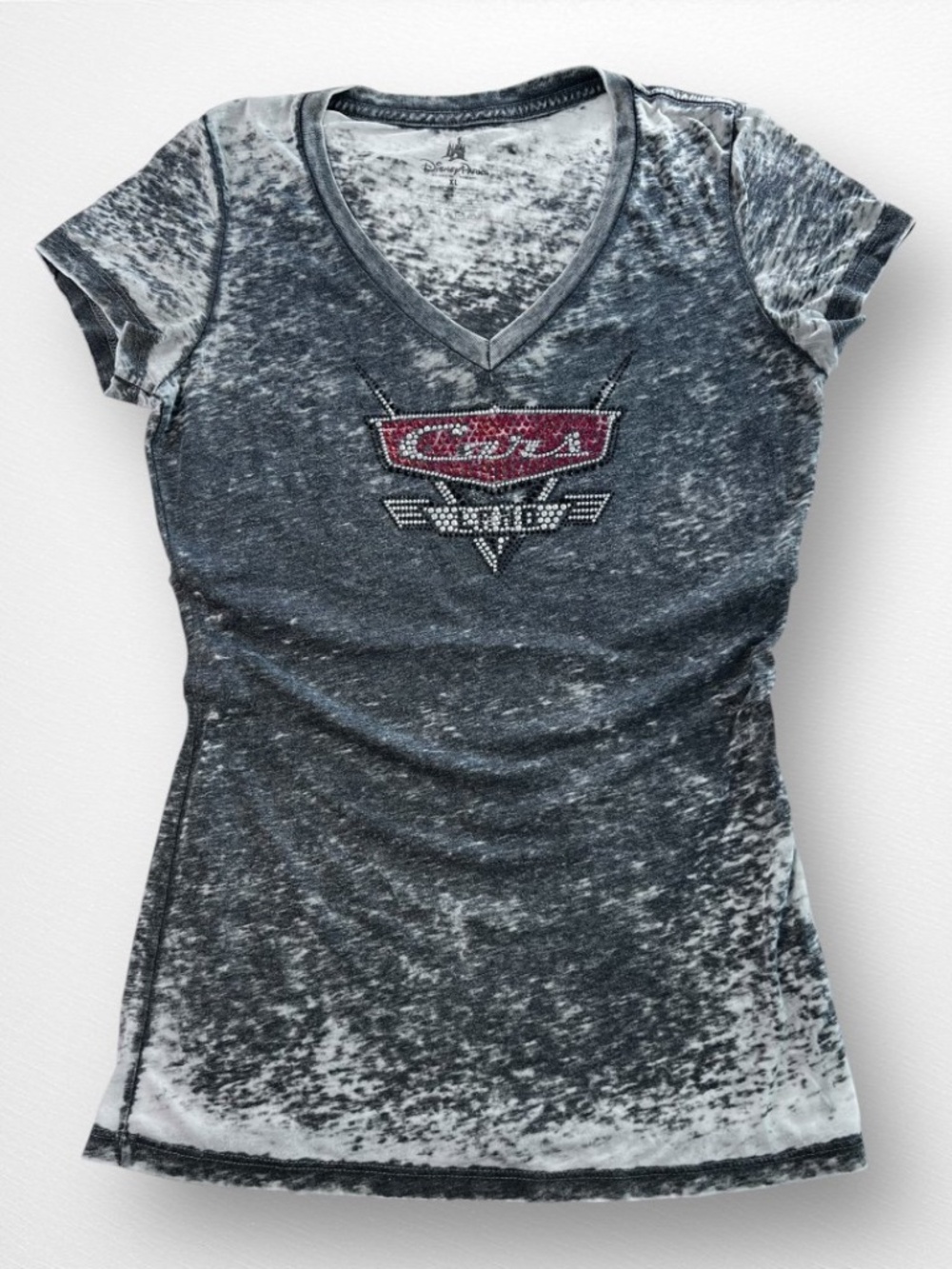 Disneyland Park CARS LAND Logo Rhinestone Bling Distressed Fitted T-Shirt XL